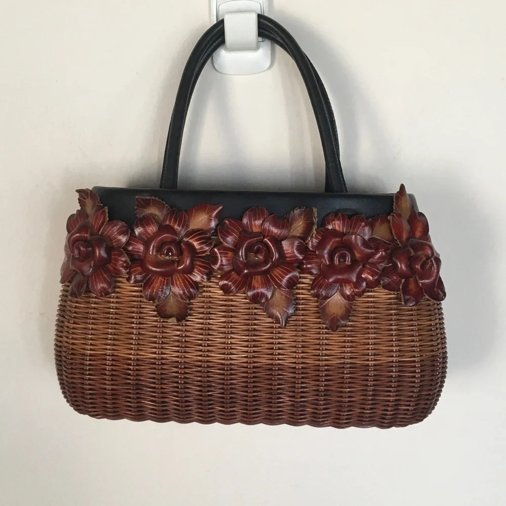 NWOT Woven Brown Floral Accent Handbag with Black Handles - Picture 1 of 7